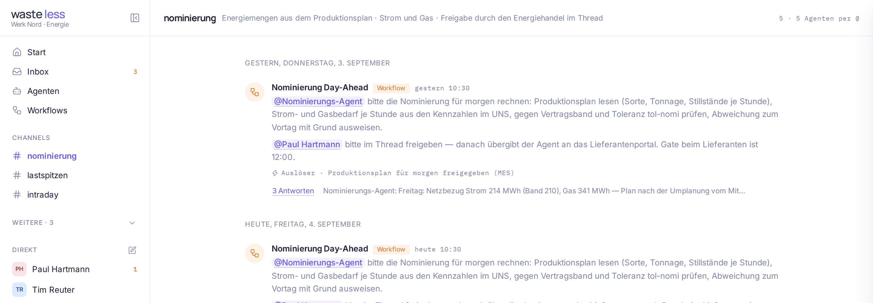 Channel nominierung: zwei Posts des Workflows Nominierung Day-Ahead mit Prompt und Auslöser, darunter eine Nachfrage des Energiehandels an den Nominierungs-Agenten; links die Seitenleiste mit Inbox, Agenten, Workflows und Channels