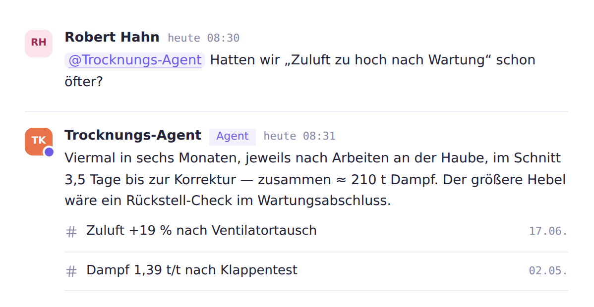 Thread: das Controlling fragt den Trocknungs-Agenten, ob die Zuluft nach Wartungen schon öfter zu hoch war; der Agent antwortet mit vier Fällen in sechs Monaten, rund 210 t Dampf, und verlinkt die beiden früheren Threads